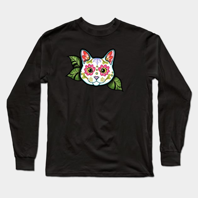 White Cat - Day of the Dead Sugar Skull Kitty Long Sleeve T-Shirt by prettyinink